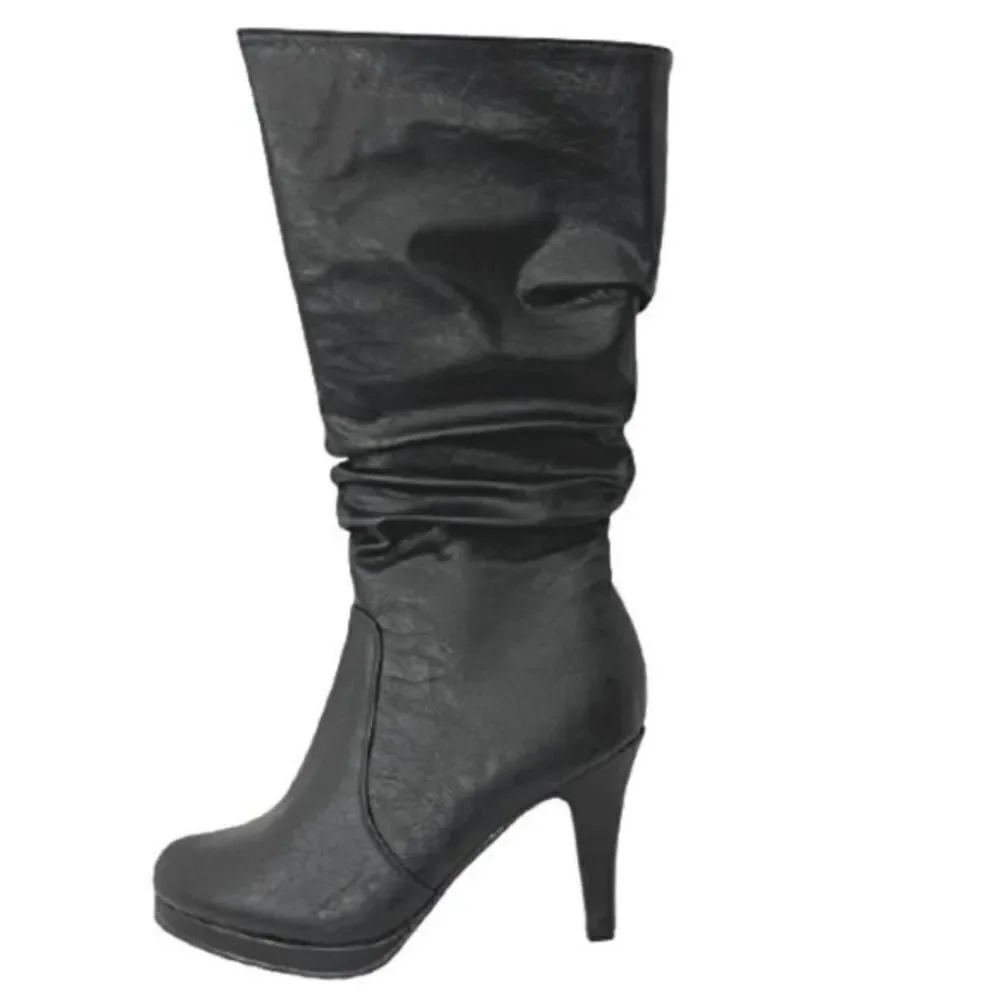 NWT Box Top Moda Page-43 Mid Calf Round Toe Slouched High Heel pu Leather Boots